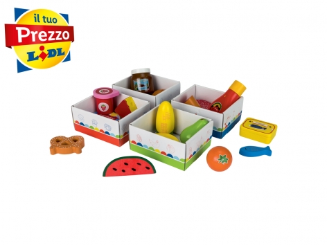 Gioco cassa, bilancia, gelateria, set alzata o cassetta alimentare in legno