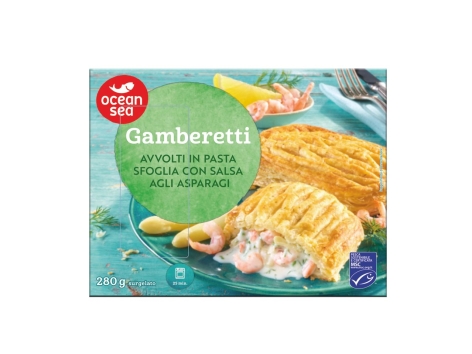 Gamberetti in pasta sfoglia con salsa agli asparagi